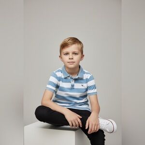 H & M L.O.G.G. polo shirt boy 6-8 years white/blue striped collar buttons cotton